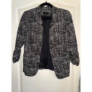 IN San Francisco Womens Black White Textured Open Front Ruched Sleeve Blazer L